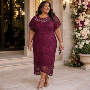 Miusol Magenta Burgundy Floral Lace Midi Dress Plus Size 4XL NWT Bodycon Wedding